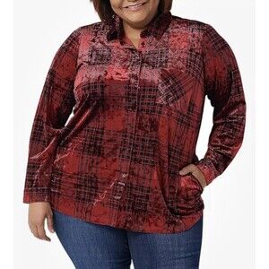 Belle by Kim Gravel Velvet Button Up Shirt w/Pocket Red Plaid Size Large